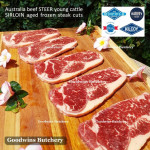 Beef Sirloin AGED BY GOODWINS Australia STEER young cattle (Striploin / New York Strip / Has Luar) frozen brand Harvey/Midfield STEAK 2.5cm 1" (price/kg 3-4pcs)